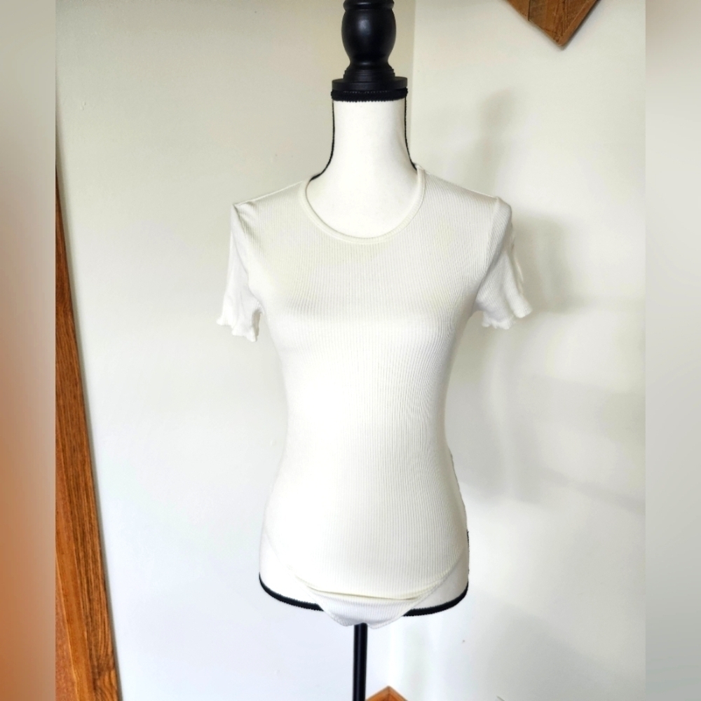 Lulu's Cream Fitted Ribbed Short Sleeve Bodysuit Shirt